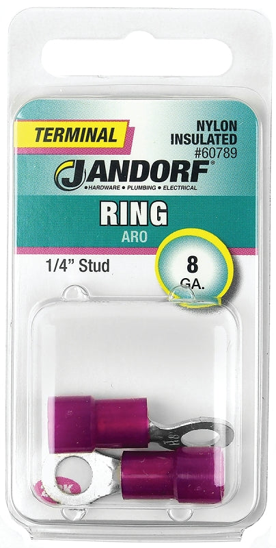 Jandorf Ring Terminal, 8 AWG Wire, 1/4 in Stud, Nylon Insulation, Copper Contact, Red #60789