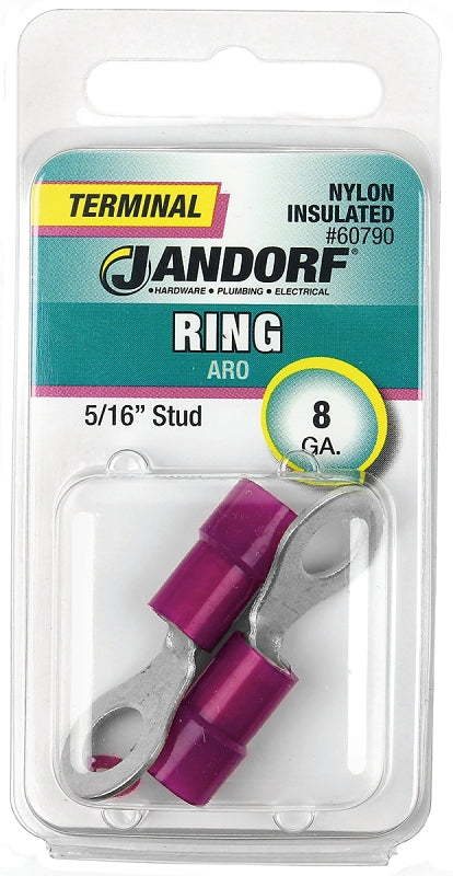 Jandorf Ring Terminal, 8 AWG Wire, 5/16 in Stud, Red #60790