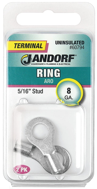 Jandorf Ring Terminal, 8 AWG Wire, Copper Contact, Tin Contact Coating, 5/16 in Stud #60794