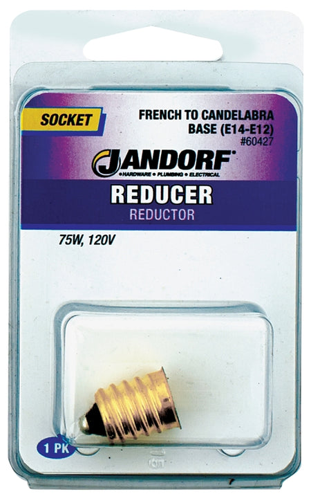 Jandorf Socket Reducer, E14 French to E12 Candelabra Base, 75 W, Brass, Gloss #60427