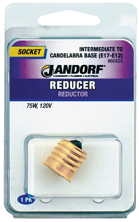 Jandorf Socket Reducer, E17 Intermediate to E12 Candelabra Base, 75 W, Brass, Gloss #60424