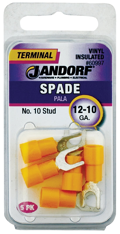 Jandorf Spade Terminal, 600 V, 12 to 10 AWG Wire, #10 Stud, Yellow #60997