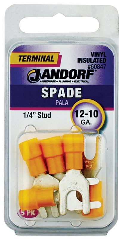 Jandorf Spade Terminal, 600 V, 12 to 10 AWG Wire, 1/4 in Stud, Yellow #60847