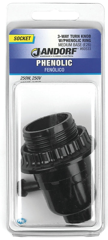 Jandorf Turn Knob Lamp Socket, 250 V, 250 W, Phenolic Housing Material, Black #60533