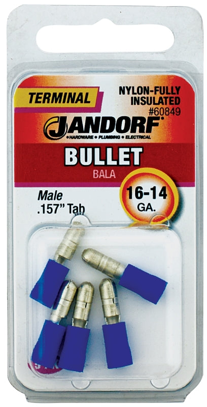 Jandorf Bullet Terminal, 600 V, 16 to 14 AWG Wire, Nylon Insulation, Copper Contact, Blue, 5/PK #60849