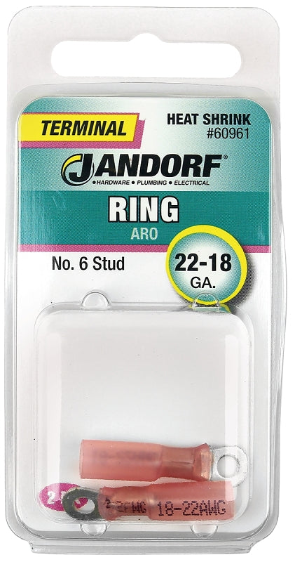 Jandorf Ring Terminal, 22 to 18 AWG Wire, #6 Stud, Pink #60961