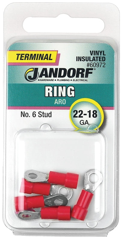Jandorf Ring Terminal, 22 to 18 AWG Wire, #6 Stud, Vinyl Insulation, Copper Contact, Red #60972
