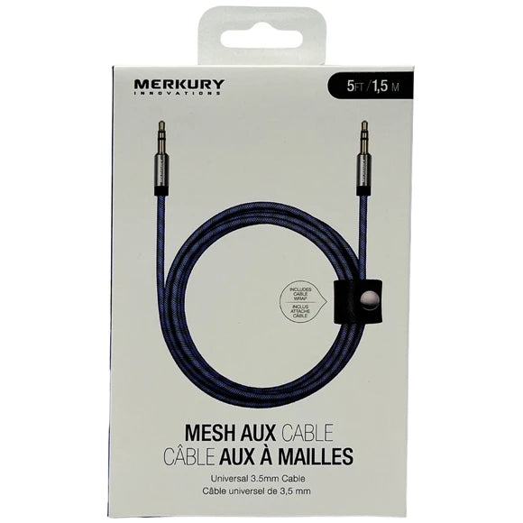 Merkury 5 Foot Mesh Two Tone 3.5mm Aux Audio Cable with Metal Tip in Blue