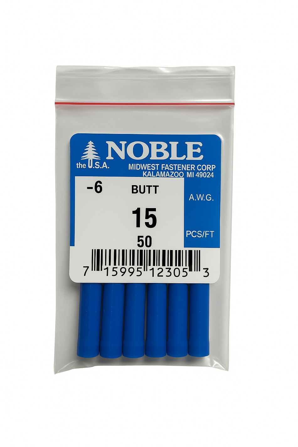 Noble part#15, vinyl insulated, 6 ga. blue butt connectors,sold in a package of 5.
