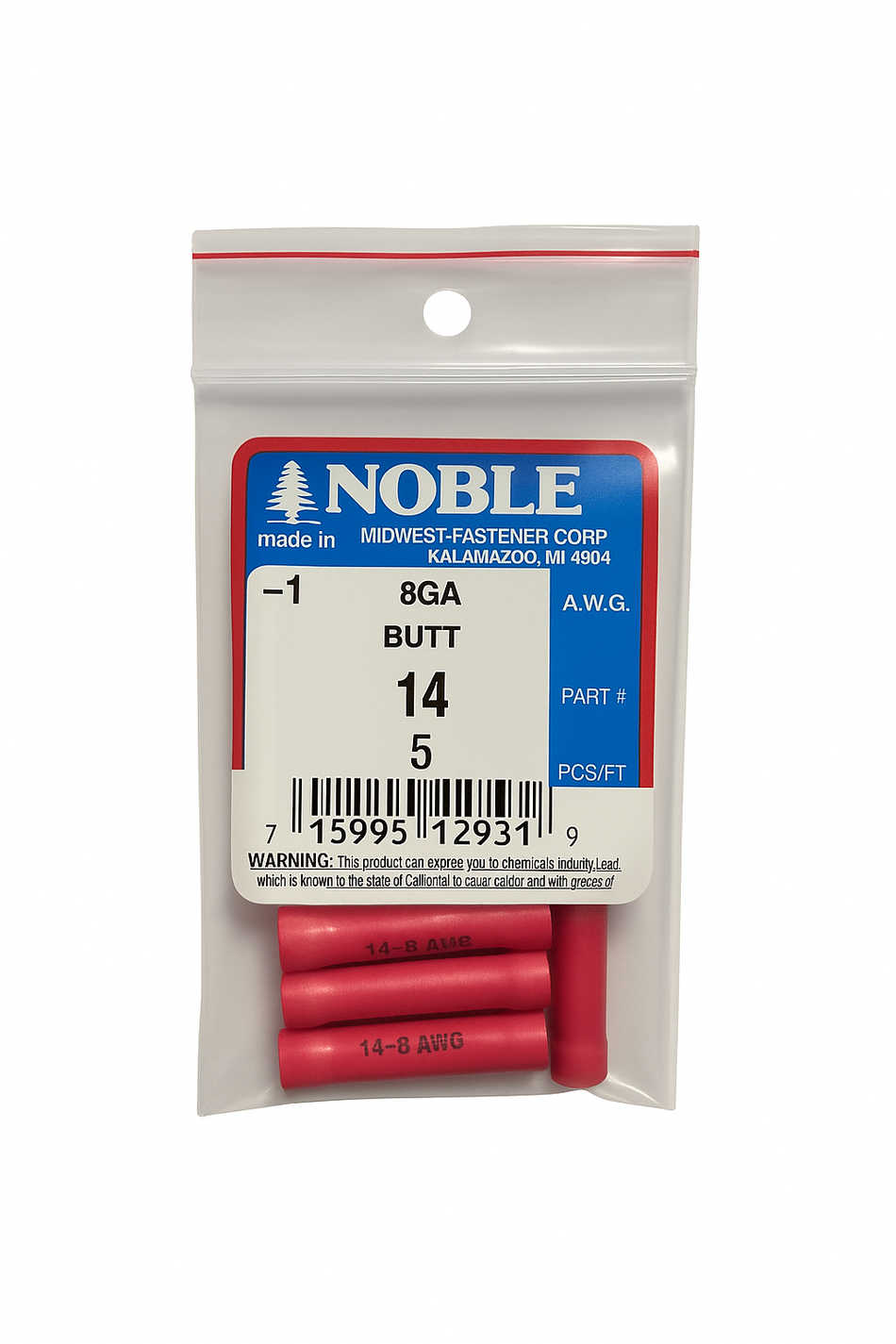 Noble part# 14, 8 ga., red insulated butt connectors-sold in a pack of 5