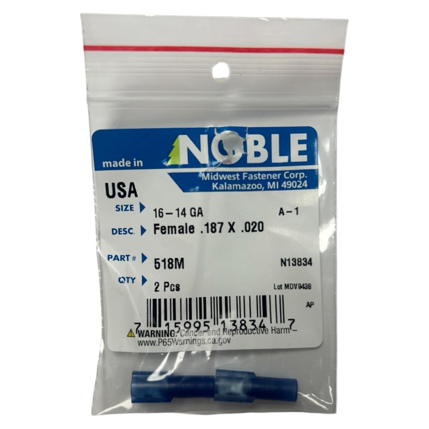Noble Female Fully Insulated Nylon Disconnect Terminal – .187 Tab, 16-14 GA, 2 pack #518M