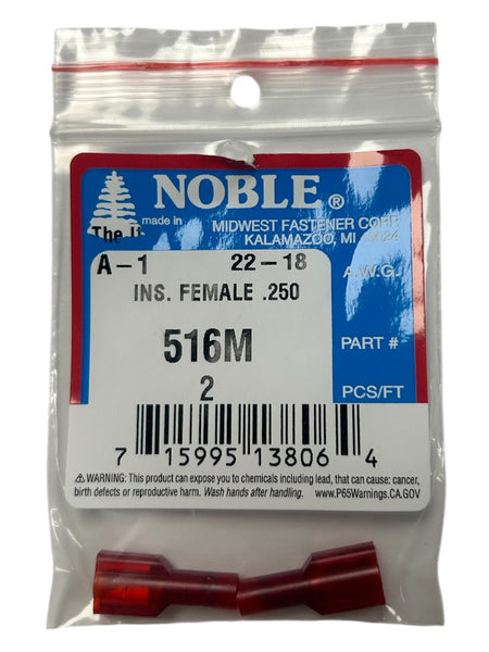 Noble Female Fully Insulated Nylon Disconnect Terminal – .250 Tab, 22-18 GA, 2-Pack #516M