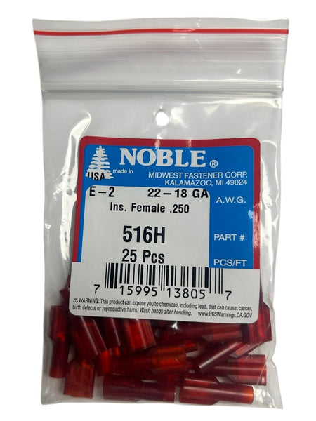 Noble Female Fully Insulated Nylon Disconnect Terminal – .250 Tab, 22-18 GA, 25-Pack #516H