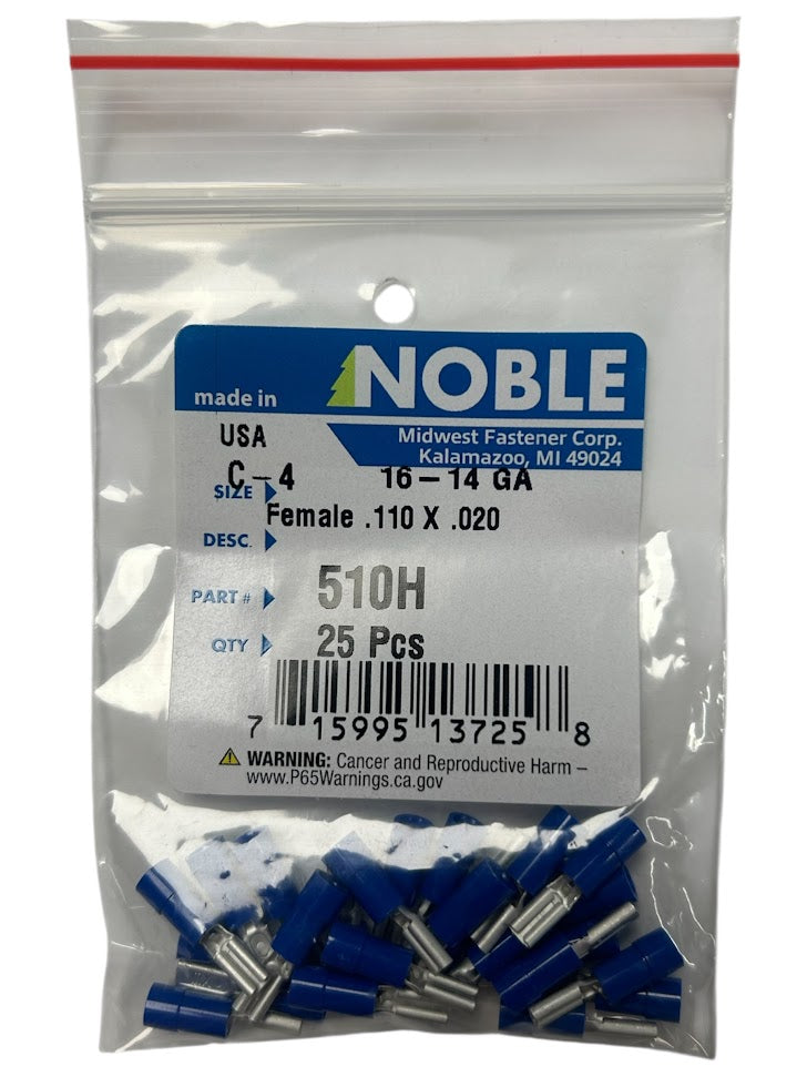 Noble Female Vinyl Disconnect Terminal – .110 Tab, 16-14 GA, 25-Pack #510H