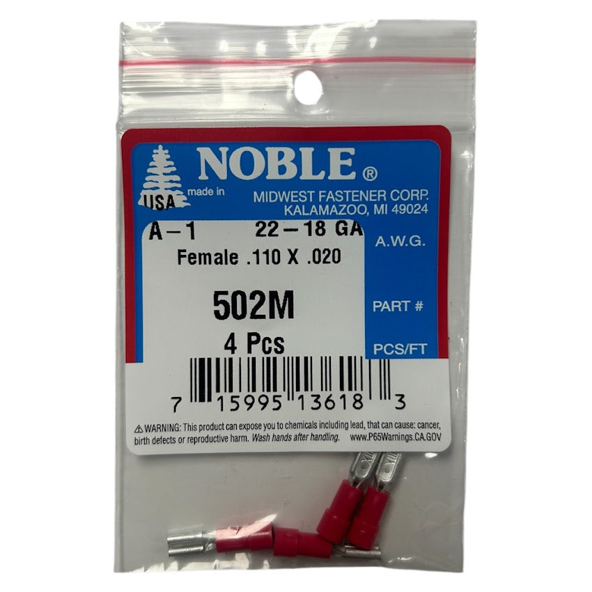 Noble Female Vinyl Disconnect Terminal – .110 Tab, 22-18 GA, 4-Pack #502M