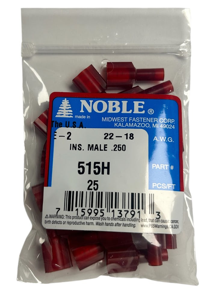 Noble Male Fully Insulated Nylon Disconnect Terminal – .250 Tab, 22-18 GA, 25-Pack #515H