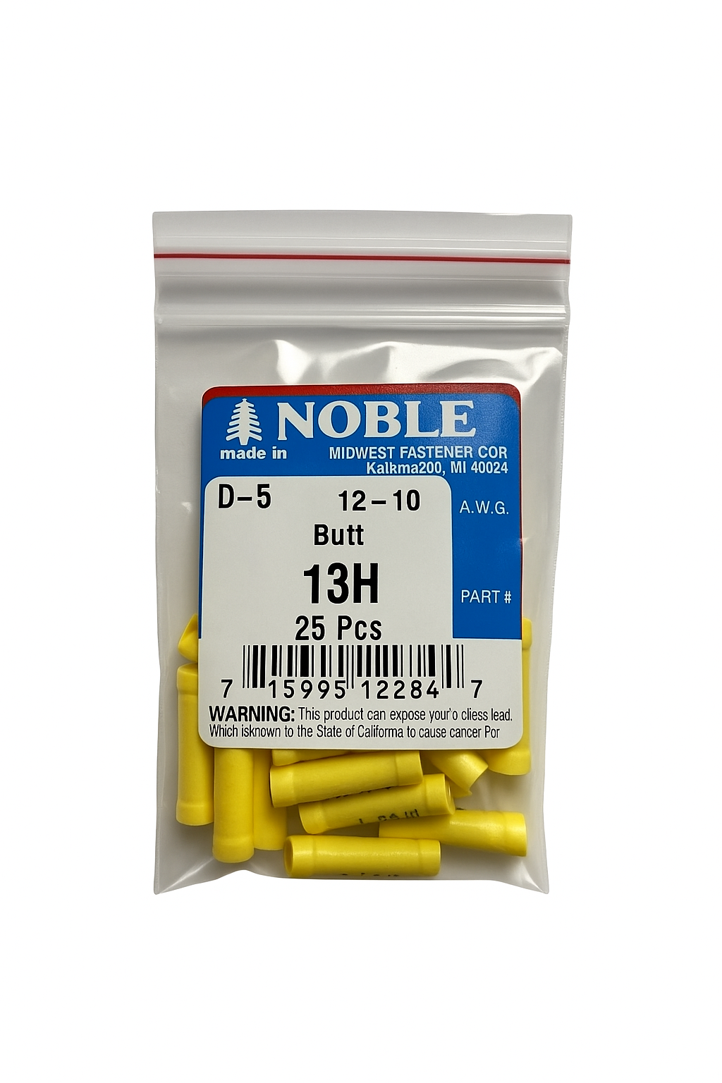 Noble part# 13H, yellow vinyl,12-10 ga. butt connectors , sold in a pack of 25.