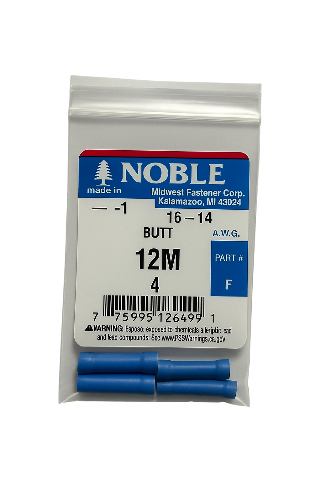 Noble Terminal Butt Splice – Vinyl 16–14 GA (4-Pack) #12M
