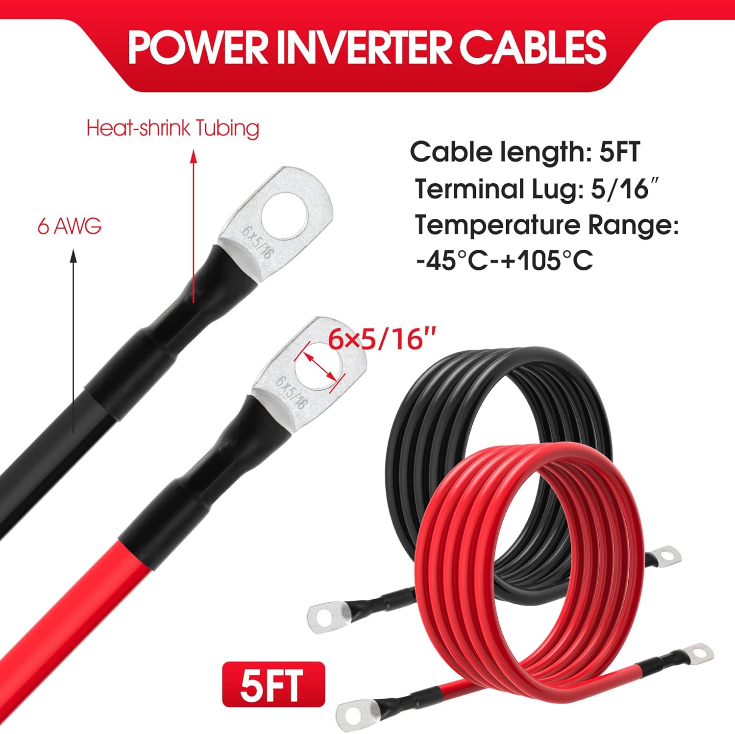 6 AWG Battery Cable – 3FT-5FT 6 Gauge Power Inverter Cable with 5/16" Tinned Copper Lugs