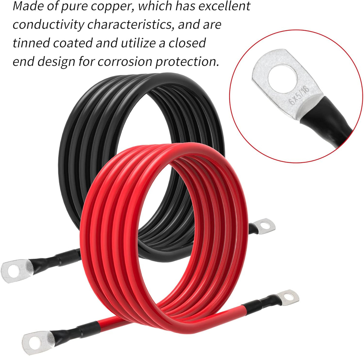 6 AWG Battery Cable – 3FT-5FT 6 Gauge Power Inverter Cable with 5/16" Tinned Copper Lugs