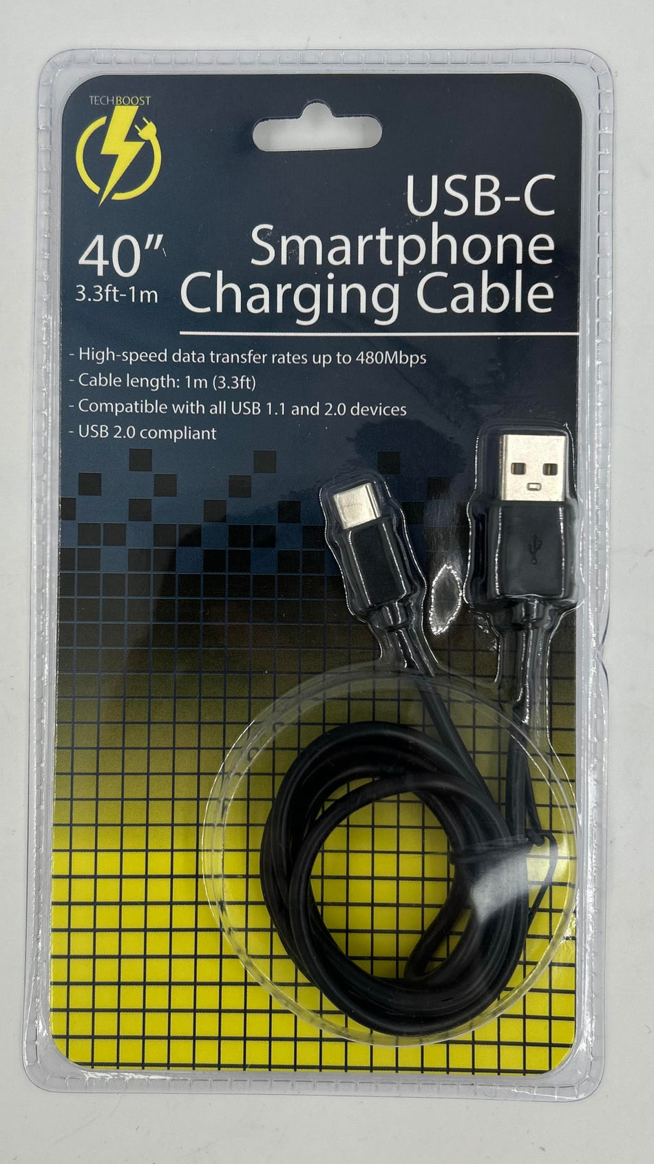 USB-C 40" SmartPhone Charging Cable 3.3 ft BLACK