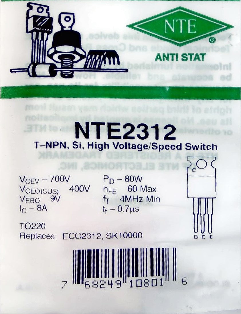 NTE2312 T-NPN, Si, High Voltage/Speed Switch