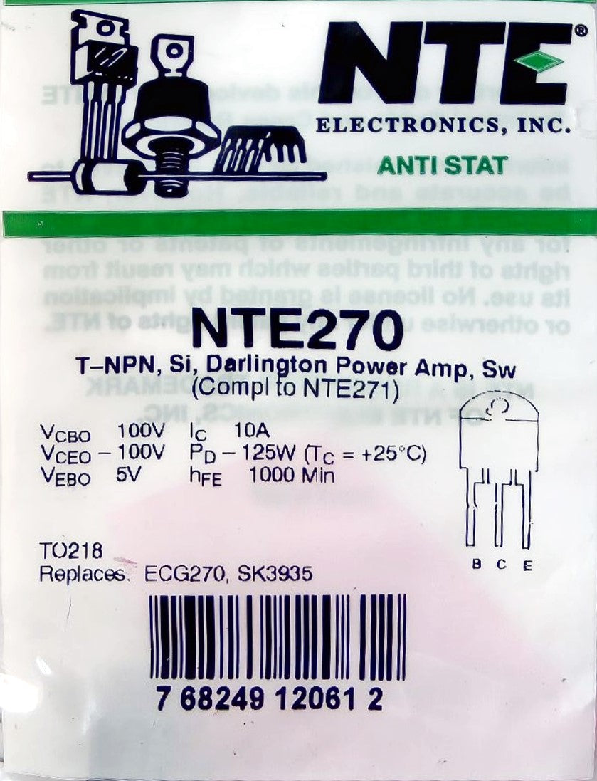 NTE270 T-NPN, Si, Darlington Power Amp, Sw