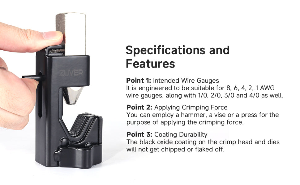 ZUVER Hammer Lug Crimper Tool – 8 to 4/0 AWG Cables