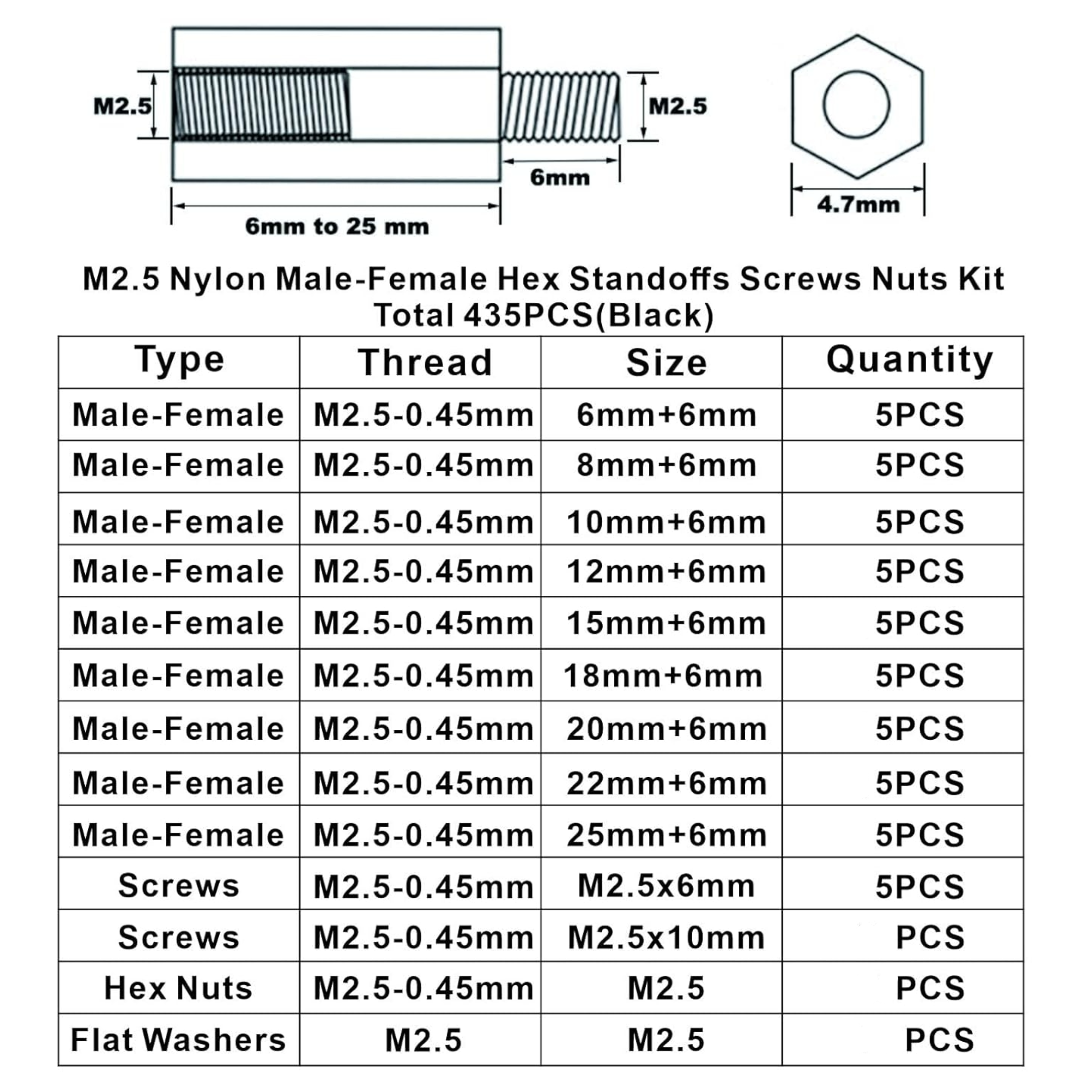 M2.5 Nylon Hex Standoffs Spacers Screws Nuts Flat washer