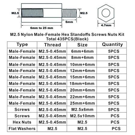 M2.5 Nylon Hex Standoffs Spacers Screws Nuts Flat washer