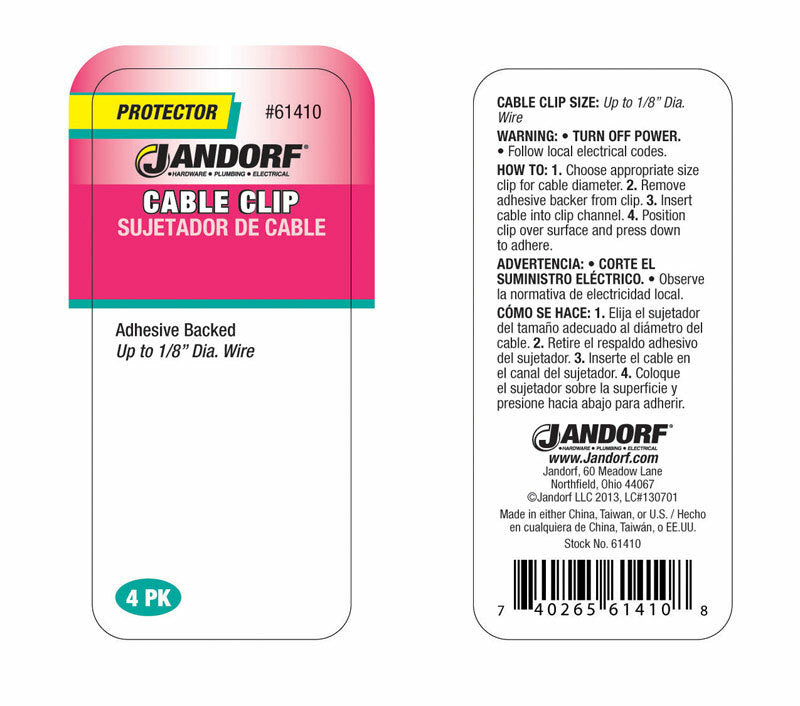 JANDORF Cable Clip Double Press Adhesive 1/8 4 PK 61410