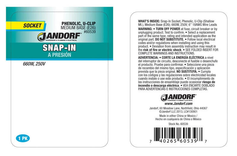 JANDORF Socket Snap In PHENOLIC U-CLIP Medium Base 60539