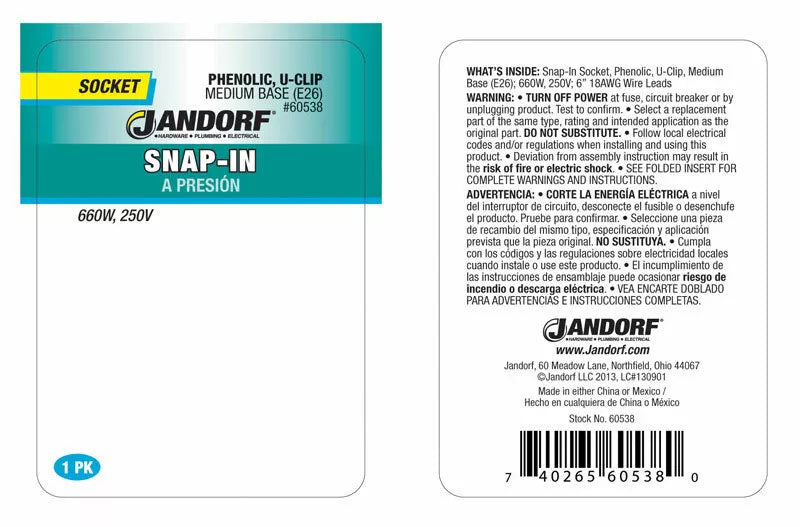 JANDORF Socket Snap In PHENOLIC U-CLIP Medium Base 60538