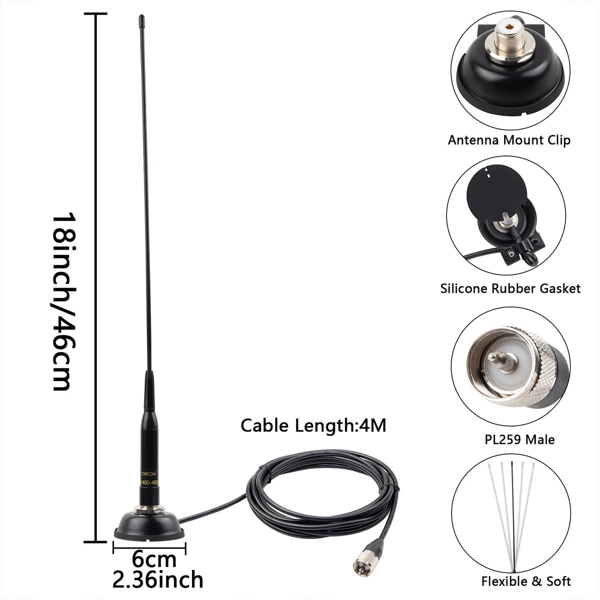 UHF/VHF Dual Band Antenna – 136–490MHz Mobile Use