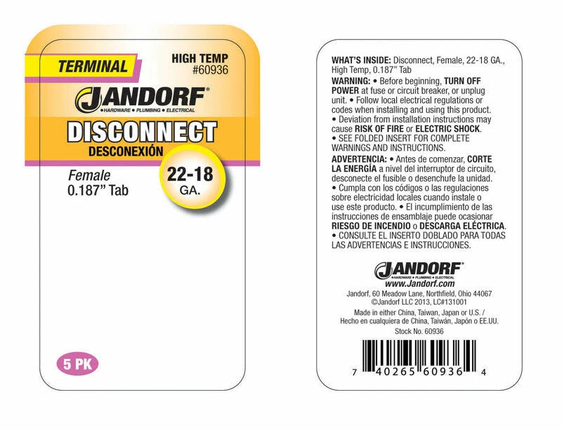 JANDORF TERMINAL DISCONNECT F22-18 HIGH TEMP .187 TAB (5PK) 60936