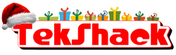 TekShaek logo with a Santa hat and Christmas presents on a white background